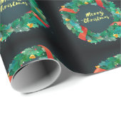 Vrolijk kerstgroen en rood Wreath op zwart Cadeaupapier (Rol Hoek)