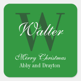 Vrolijk kerstgroen en wit custom monogram vierkante sticker