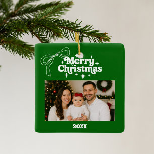 Vrolijk kerstgroen foto boog hand-getrokken retro keramisch ornament