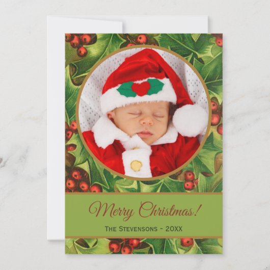Vrolijk kerstgroen Holly Red Script Baby Foto Feestdagenkaart (Voorkant)