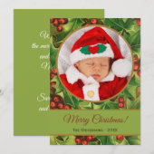 Vrolijk kerstgroen Holly Red Script Baby Foto Feestdagenkaart (Voorkant / Achterkant)