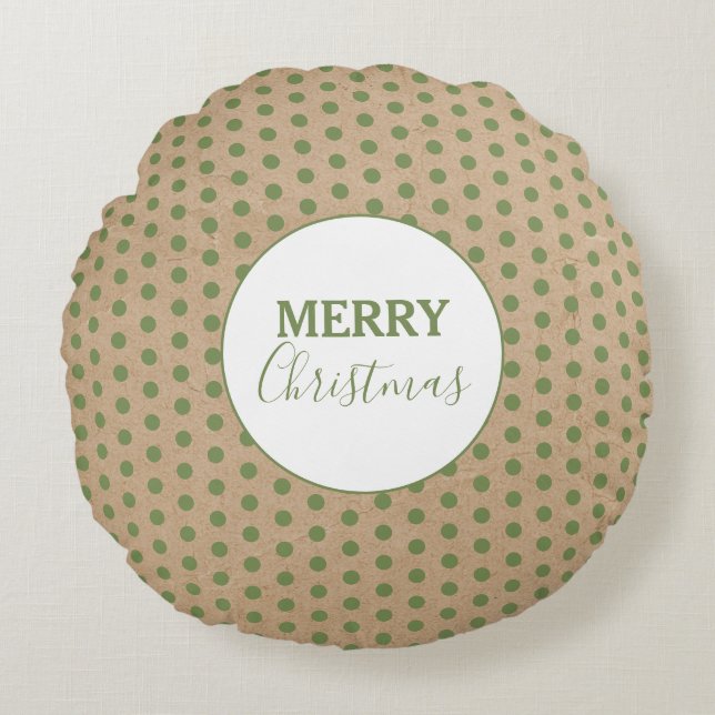 Vrolijk kerstgroen Polka Dots Kraft Rustic Rond Kussen (Voorkant)