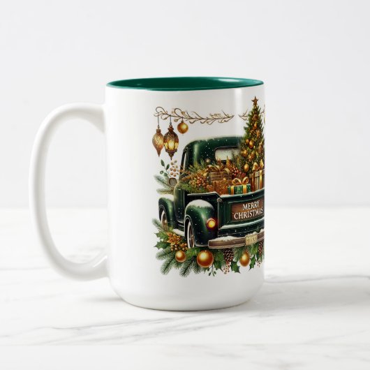 Vrolijk Kerstgroen  Truck Tweekleurige Koffiemok (Links)