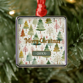 Vrolijk kerstgroen Waterverf dennenbomen Metalen Ornament