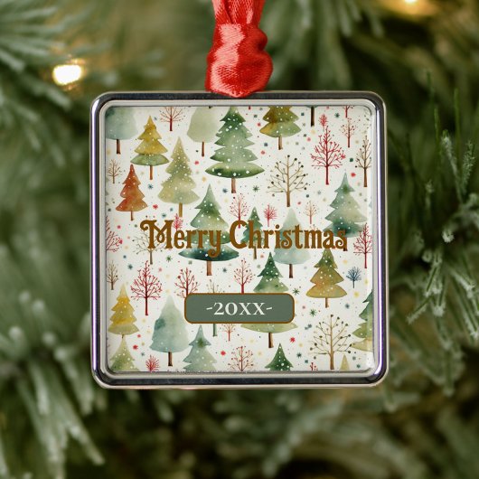 Vrolijk kerstgroen Waterverf dennenbomen Metalen Ornament