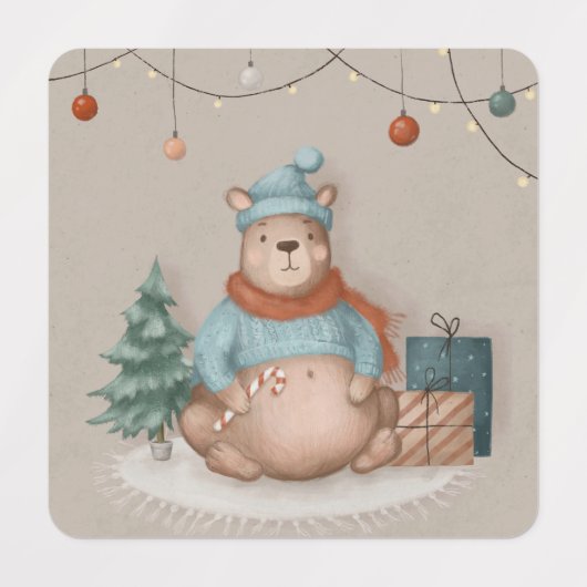 Vrolijk kerstgroet beer en konijntje stickers (Design 2)