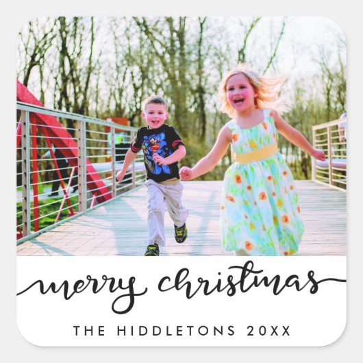 Vrolijk kersthandgeschreven moderne script foto vierkante sticker (Voorkant)