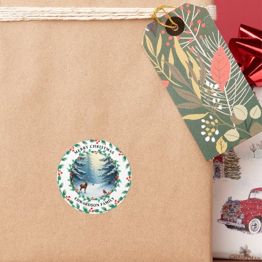 Vrolijk kersthert en roodborstvogel familienaam ronde sticker