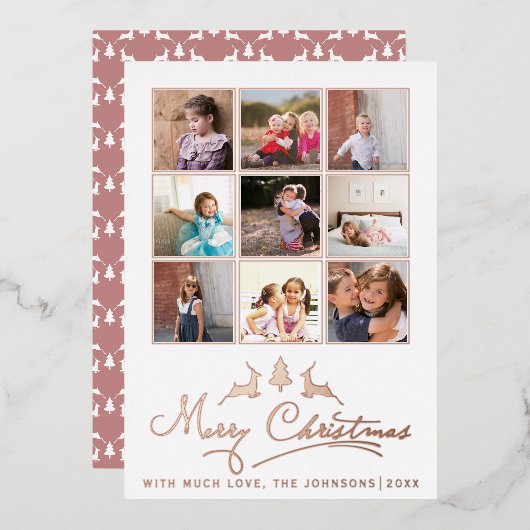 Vrolijk kersthert, roos goudkleurig  met boomfotoc folie feestdagenkaart (Voorkant / Achterkant)