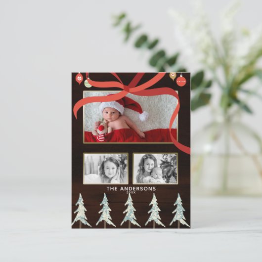 Vrolijk Kersthout & Pine Trees 4 Foto Vakantie Feestdagenkaart (Staand voorkant)