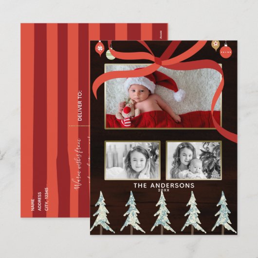 Vrolijk Kersthout & Pine Trees 4 Foto Vakantie Feestdagenkaart (Voorkant / Achterkant)