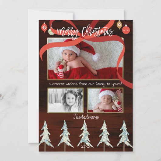 Vrolijk Kersthout & Pine Trees 4 Foto Vakantie Feestdagenkaart (Voorkant)