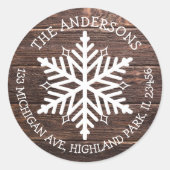 Vrolijk kersthout White Snowflake Address Ronde Sticker (Voorkant)