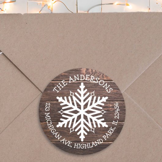 Vrolijk kersthout White Snowflake Address Ronde Sticker