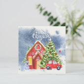 Vrolijk kersthuis met boom- en rode sneeuw feestdagenkaart (Staand voorkant)
