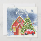 Vrolijk kersthuis met boom- en rode sneeuw feestdagenkaart (Voorkant)