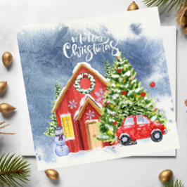 Vrolijk kersthuis met boom- en rode sneeuw feestdagenkaart