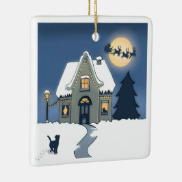 Vrolijk kersthuis met kat en kerstman keramisch ornament