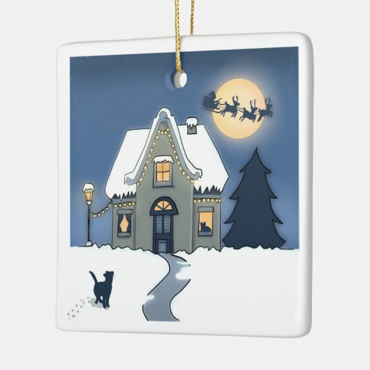 Vrolijk kersthuis met kat en kerstman keramisch ornament (Links)