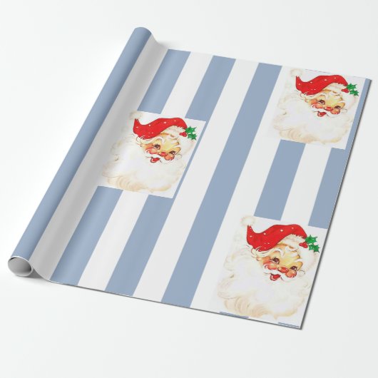 Vrolijk kerstinpakblauw & witte streep Santa Cadeaupapier (Uitgerold)