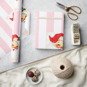Vrolijk kerstinpakken roze & witte streep Santa Cadeaupapier