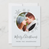 Vrolijk kerstkaartje blauw grijs met sneeuwvlokken save the date (Voorkant)