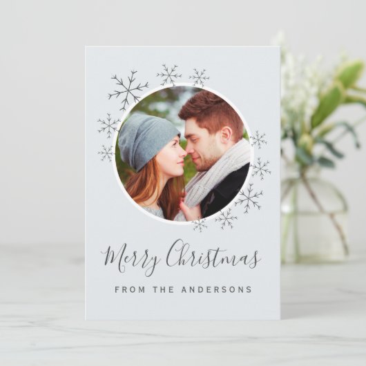 Vrolijk kerstkaartje blauw grijs met sneeuwvlokken save the date (Staand voorkant)