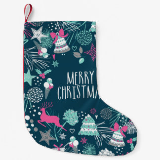 Vrolijk kerstkaartje met sneeuwvlokken en kerstsym kleine kerstsok