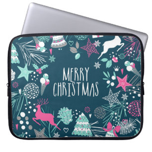 Vrolijk kerstkaartje met sneeuwvlokken en kerstsym laptop sleeve