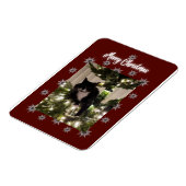 Vrolijk kerstkaartje met Tuxedo-kat op mijn boom. Magneet (Linkerzijde)