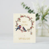 Vrolijk kerstkaartje vogels hulst bessen feestdagenkaart (Staand voorkant)