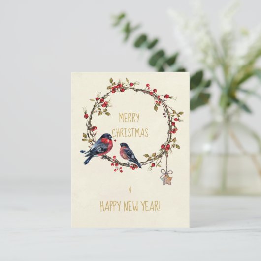 Vrolijk kerstkaartje vogels hulst bessen feestdagenkaart (Staand voorkant)
