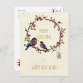 Vrolijk kerstkaartje vogels hulst bessen feestdagenkaart (Voorkant / Achterkant)