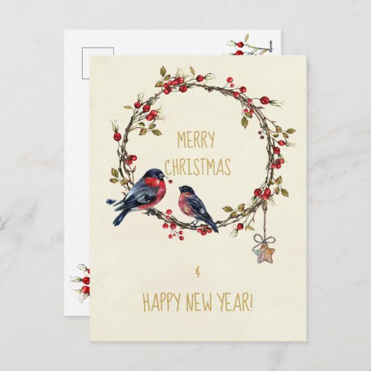 Vrolijk kerstkaartje vogels hulst bessen feestdagenkaart (Voorkant / Achterkant)