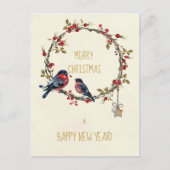 Vrolijk kerstkaartje vogels hulst bessen feestdagenkaart (Voorkant)