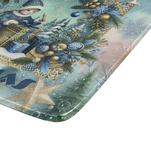 Vrolijk Kerstkalligrafie Blauwe Elf Gouden Decor Snijplank (Hoek)