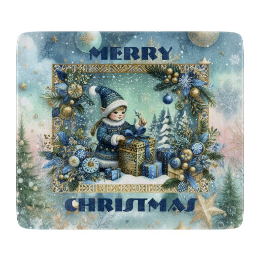 Vrolijk Kerstkalligrafie Blauwe Elf Gouden Decor Snijplank (Voorkant)