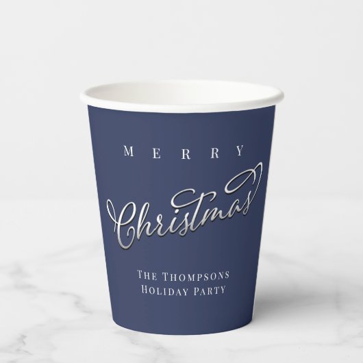 Vrolijk kerstkalligrafie Script Navy Blue Schattig Papieren Bekers (Achterkant)