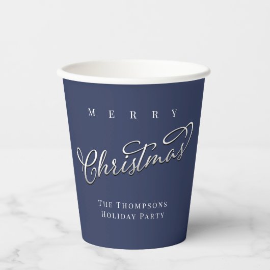 Vrolijk kerstkalligrafie Script Navy Blue Schattig Papieren Bekers (Voorkant)