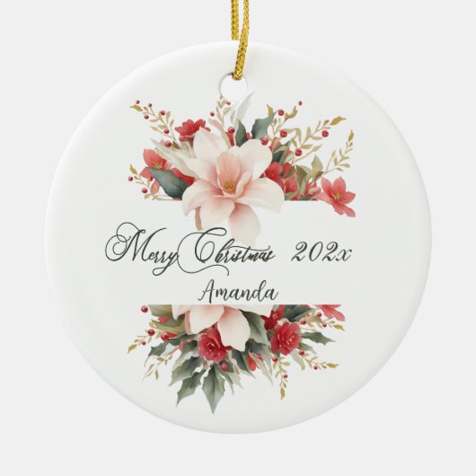 Vrolijk kerstkalligrafie Waterverf Bloemen Keramisch Ornament (Voorkant)