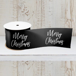 Vrolijk kerstkalligrafie White Black Holiday Satijnen Lint
