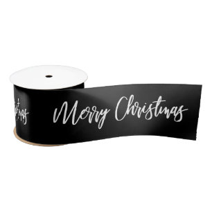 Vrolijk kerstkalligrafie White op Black Holiday Satijnen Lint