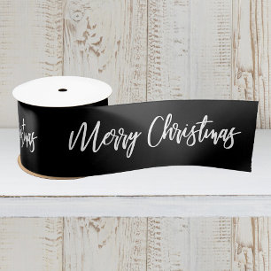 Vrolijk kerstkalligrafie White op Black Holiday Satijnen Lint