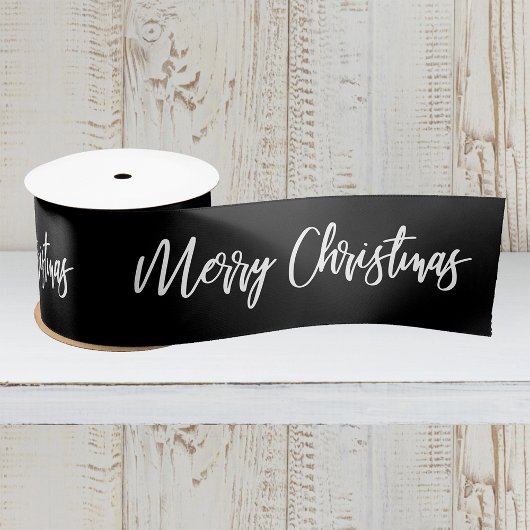 Vrolijk kerstkalligrafie White op Black Holiday Satijnen Lint