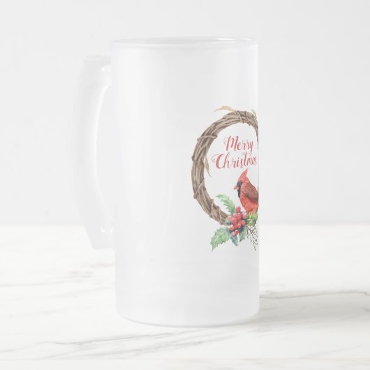 Vrolijk kerstkardinaal en Holly Matglas Bierpul (Voorkant links)