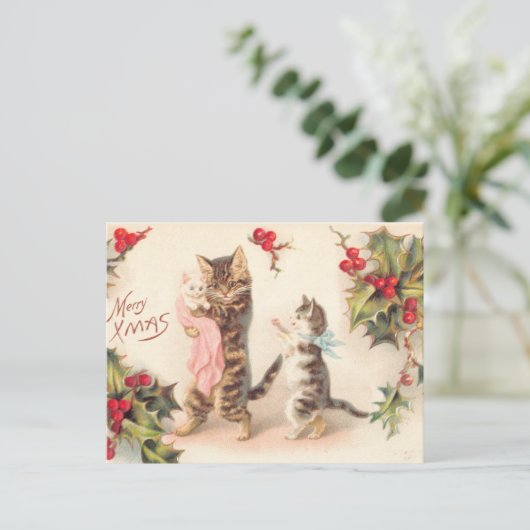 Vrolijk kerstkat en  Kittens Holly Briefkaart (Staand voorkant)