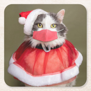 Vrolijk kerstkat in Santa Hat en Face Mask Kartonnen Onderzetters