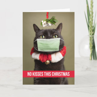Vrolijk kerstkat onder mistletoe in gezichtsmasker feestdagen kaart