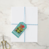 Vrolijk Kerstkatje Blauwgroen Witte Polka Dot Cadeaulabel (Met Touw)