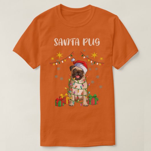 Vrolijk kerstkerstfeest pug, Santa Hat Xmas lampje T-shirt (Design voorkant)